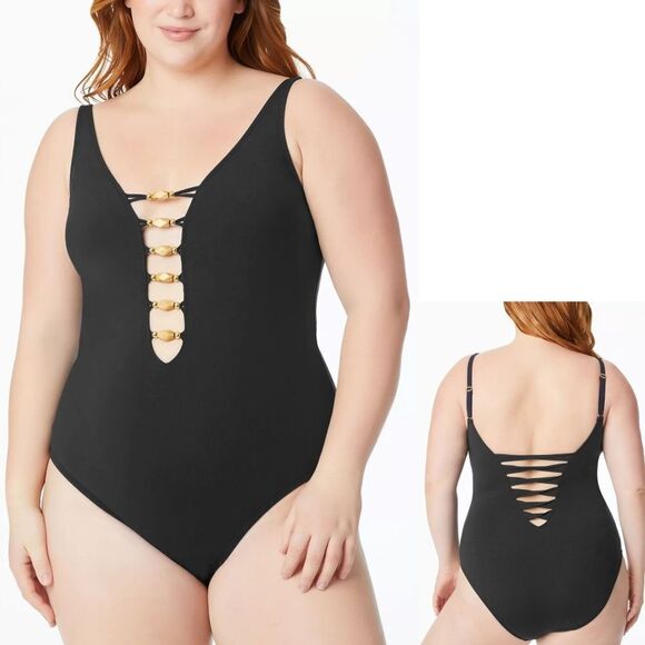 New! BLEU ROD BEATTIE Paradise Found Plus Size One-Piece Swimsuit Black Size 16W - Picture 1 of 3